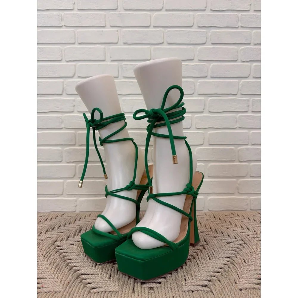 Shein Green Platform Lace-Up Heels Size 7.5